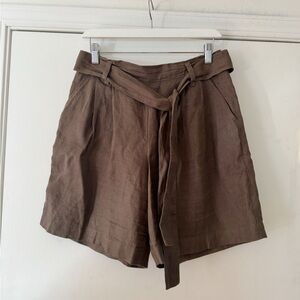 notPERFECTLINEN Chocolate Linen Belted Shorts